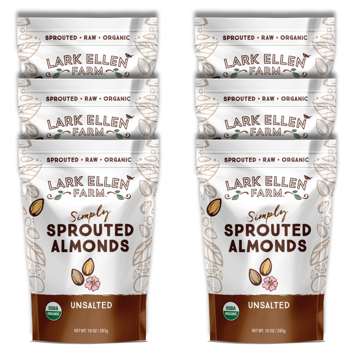 Pack of six Lark Ellen Farm Simply Sprouted Almonds, unsalted, organic, 10 oz each.