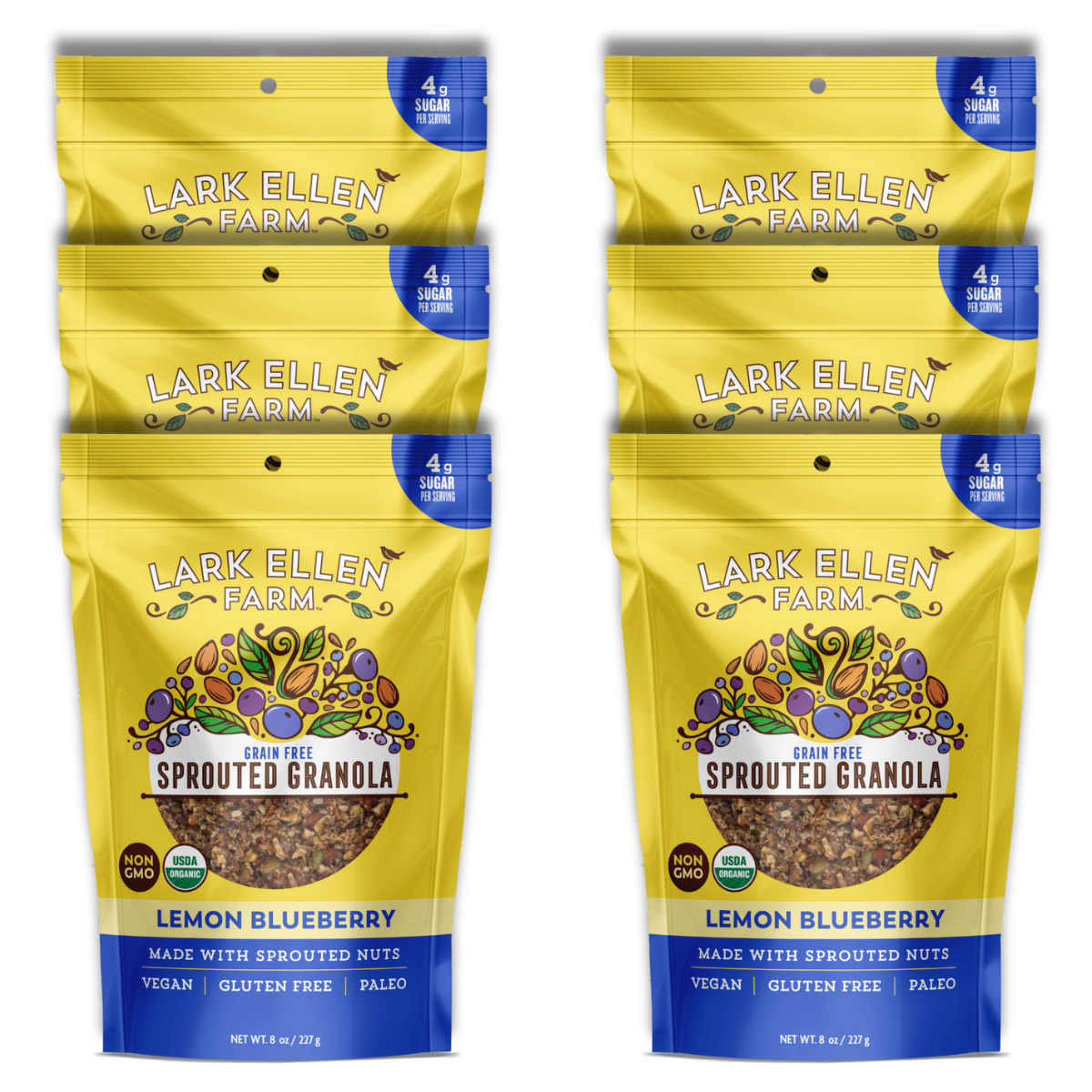 Three Lark Ellen Farm Sprouted Granola Lemon Blueberry bags arranged in a row against a white background