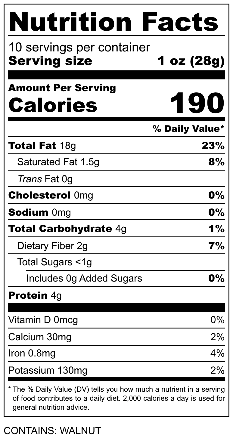 Nutrition facts label for walnuts, 10 servings per container, 1 oz serving size, 190 calories.