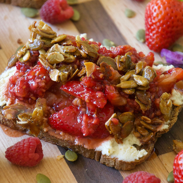 Lavender and Smashed Berrry Toast with Whipped Vegan Ricotta and Pumpkin Seed Brittle Crumble