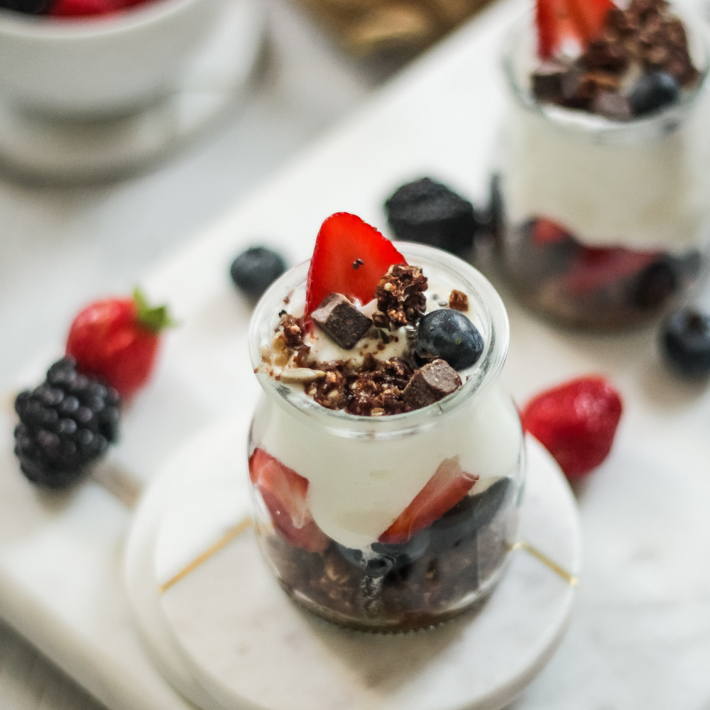 Cacao Cherry Breakfast Parfaits with Fresh Berries and Plant Based Yogurt