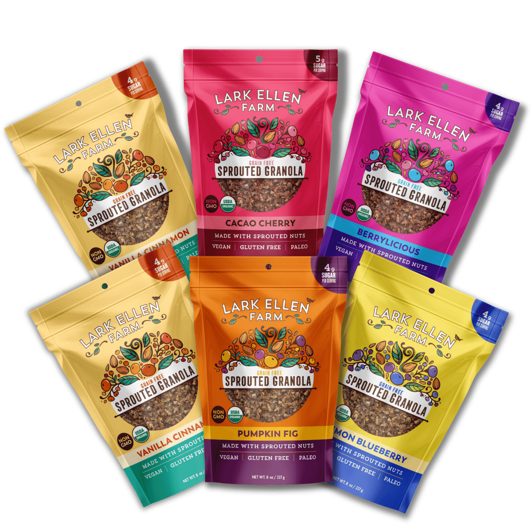 Lark Ellen Farm sprouted granola gift set featuring Cacao Cherry Vanilla Cinnamon and Berrylicious