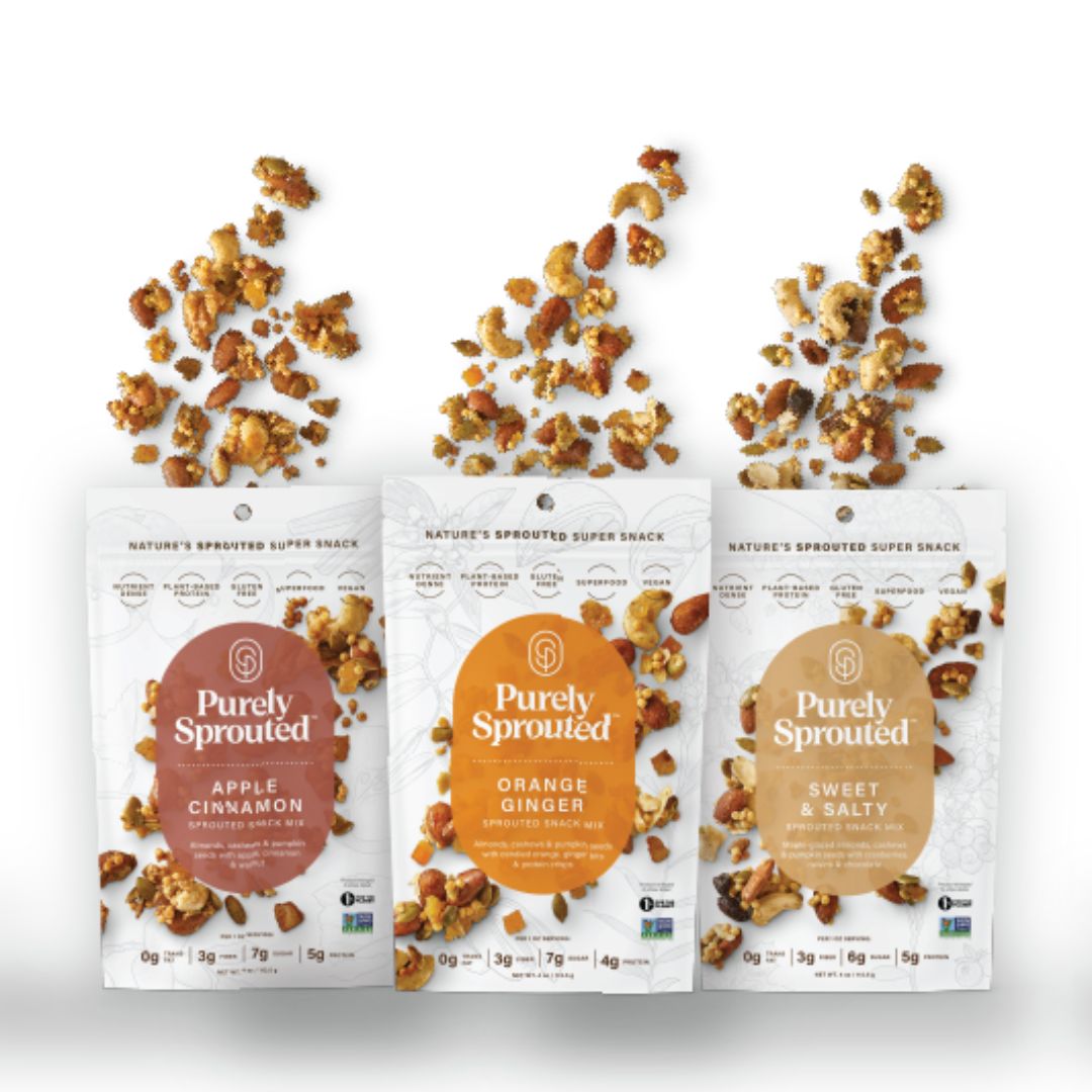 Purely Sprouted lightly sweet snack mixes in Apple Cinnamon, Orange Ginger, and Sweet & Salty flavors.