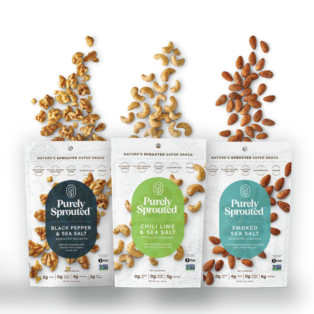 Three Sprouted Single Nuts bags featuring walnuts cashews and almonds with loose nuts above.