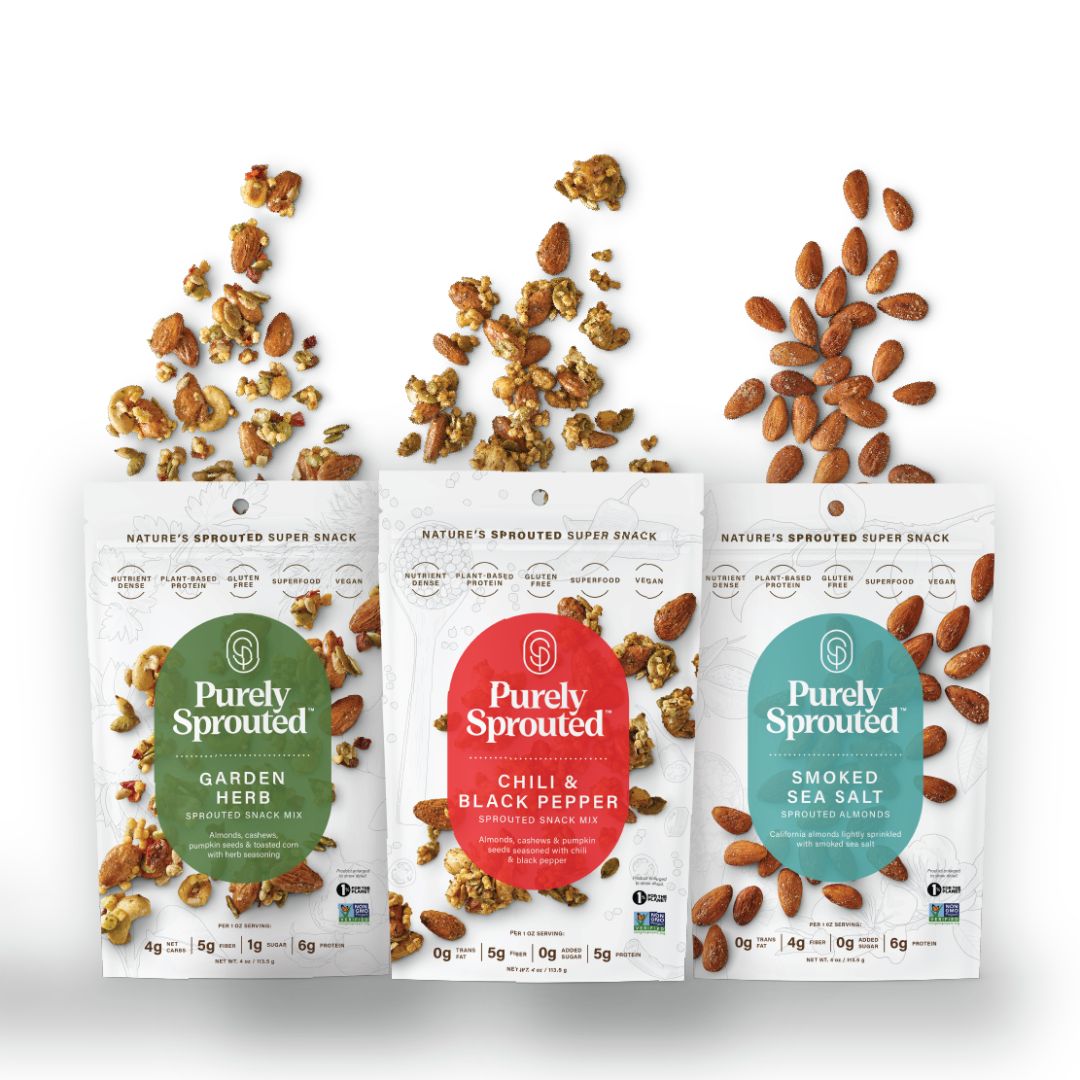 Purely Sprouted savory snack mixes Garden Herb, Chili & Black Pepper, and Smoked Sea Salt.