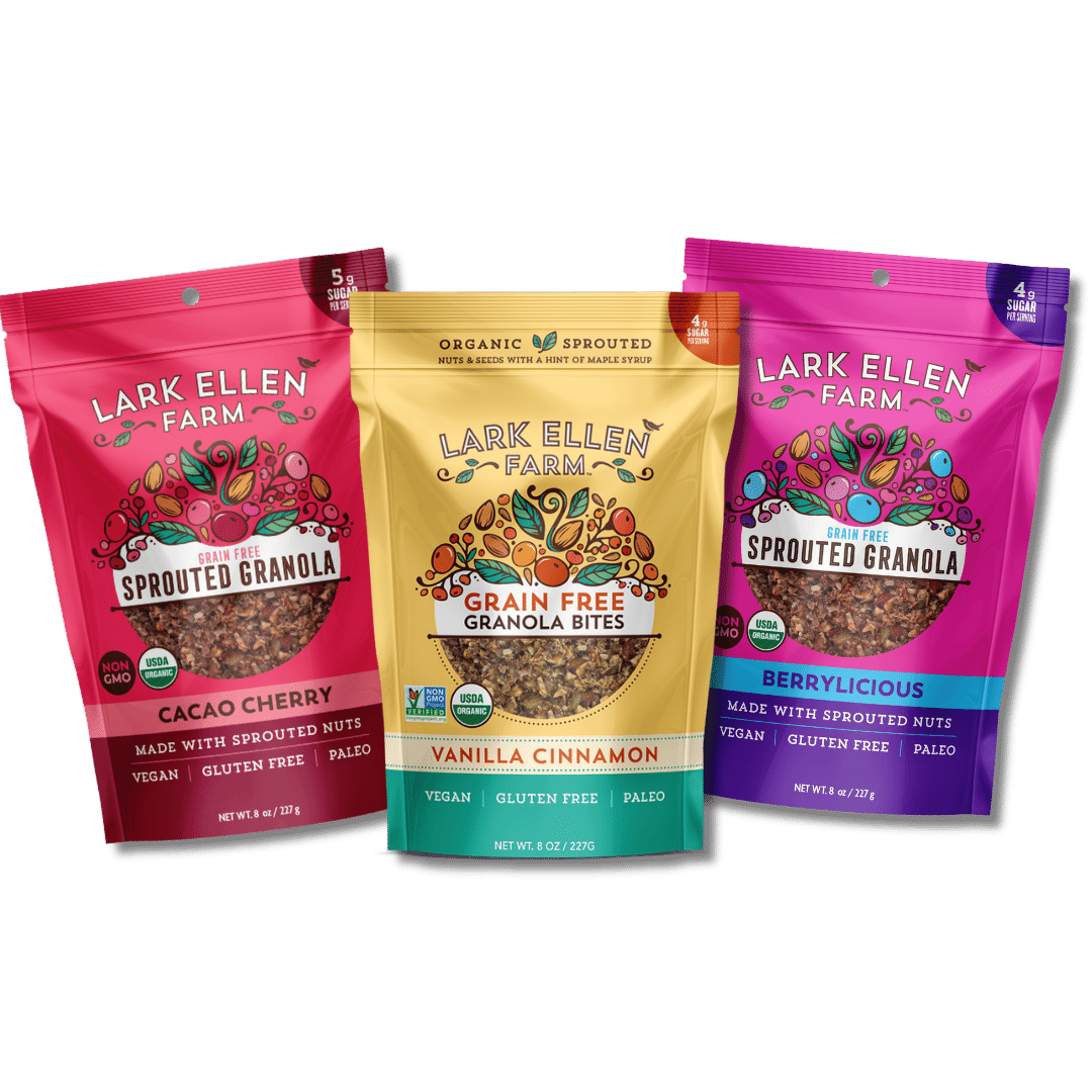 Lark Ellen Farm Sprouted Granola and Trail Mix collection featuring Cacao Cherry, Vanilla Cinnamon, and Berrylicious flavors.