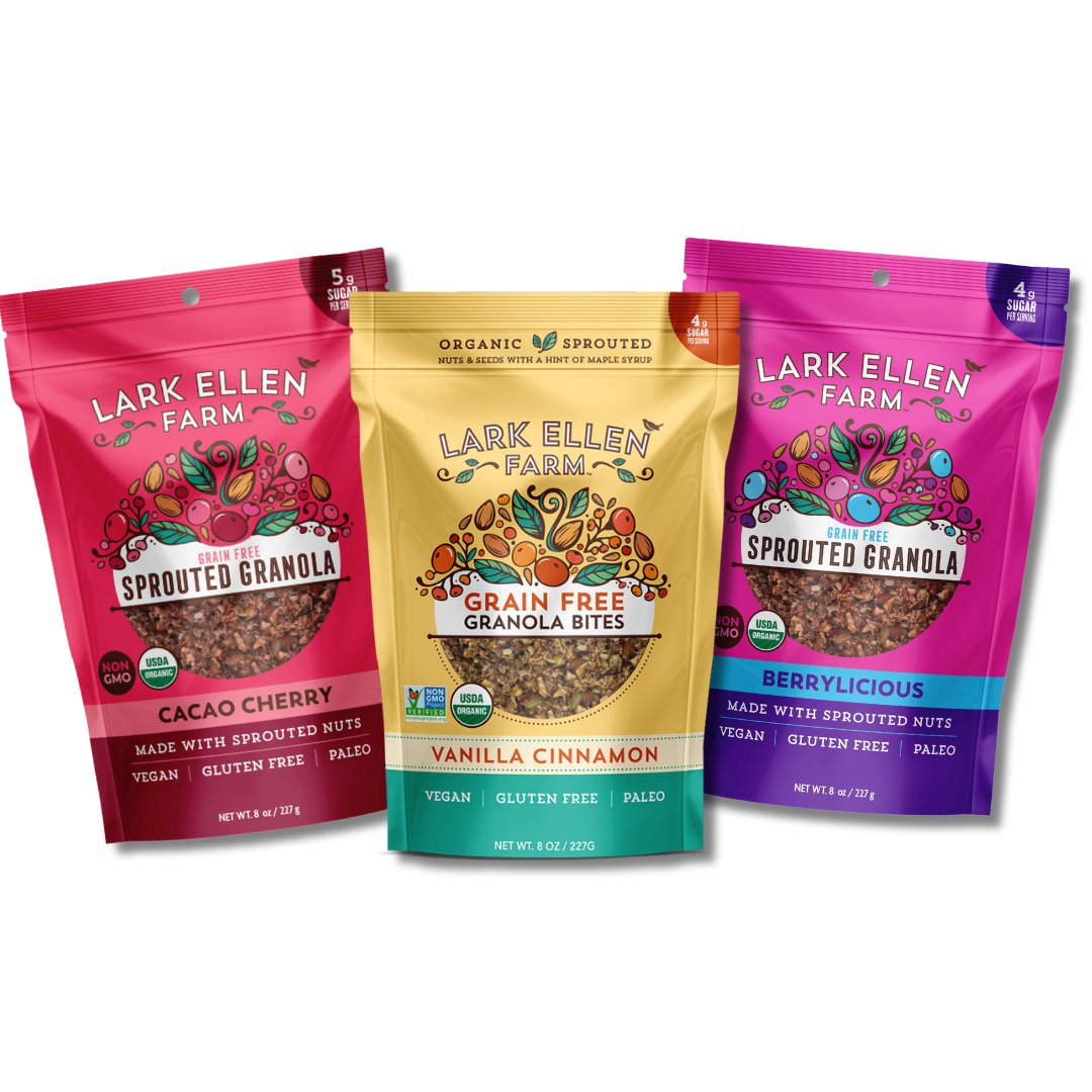 Lark Ellen Farm sprouted granola bags in Cacao Cherry Vanilla Cinnamon and Berrylicious