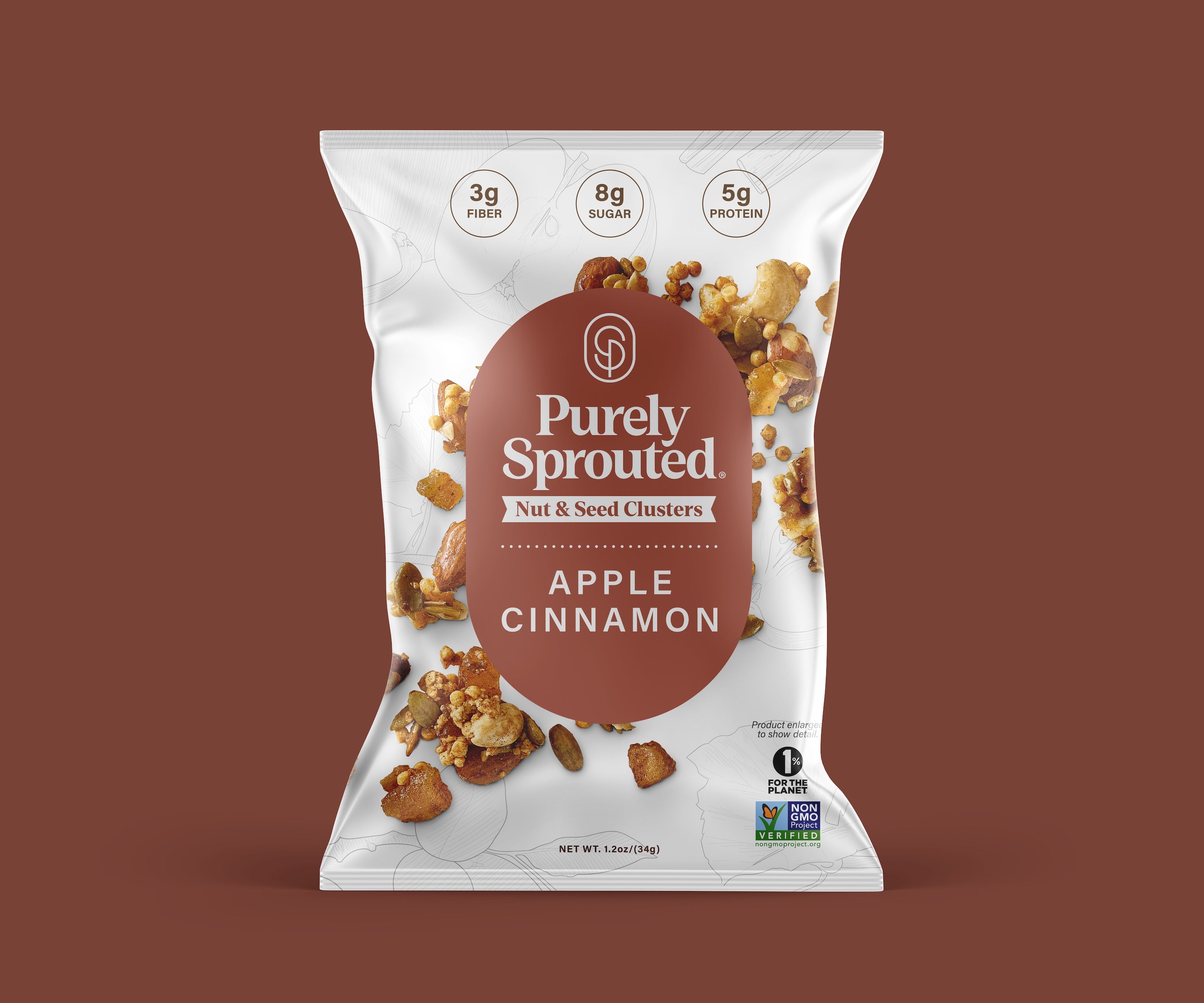 Front view of Purely Sprouted Apple Cinnamon Nut & Seed Clusters bag.