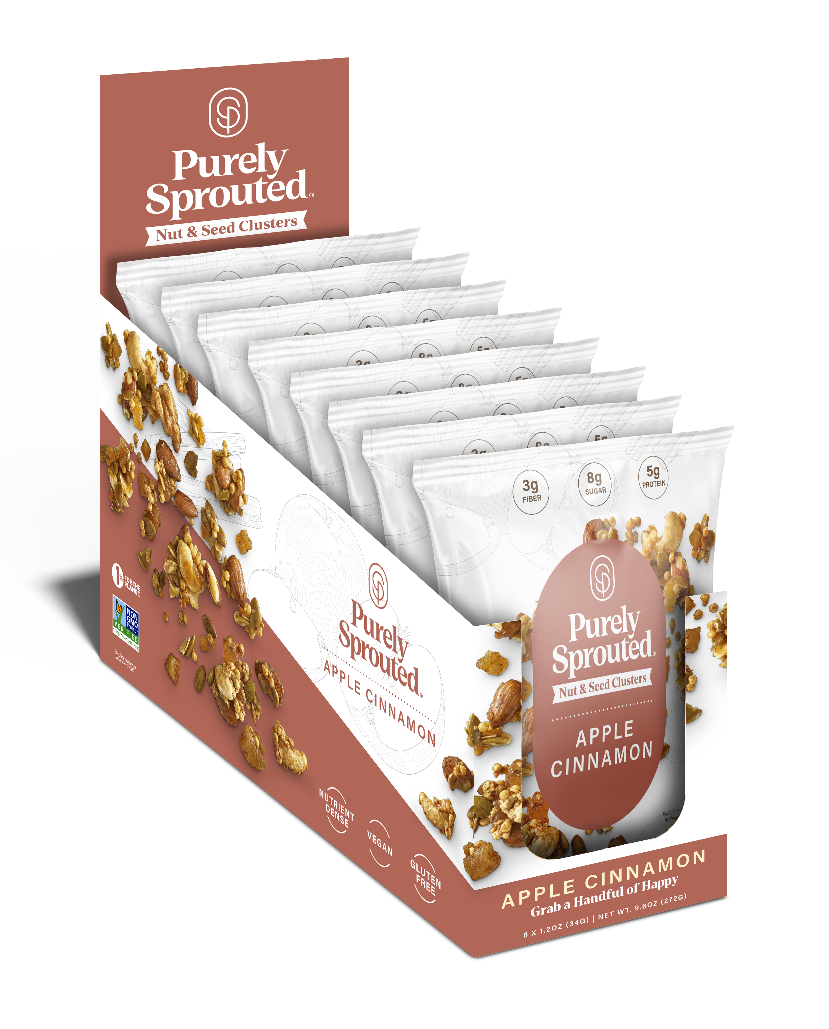 Apple Cinnamon Sprouted Snack Mix 8-pack display with white pouches of Purely Sprouted Nut & Seed Clusters.
