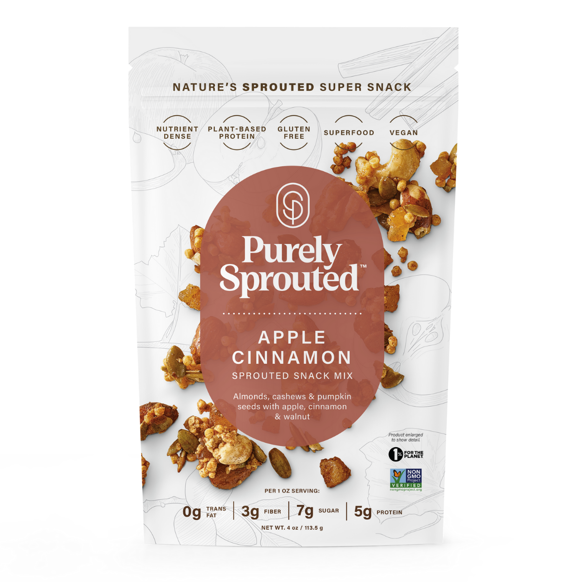 Purely Sprouted Apple Cinnamon Sprouted Snack Mix bag shown with apples nearby