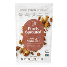 Purely Sprouted Apple Cinnamon Sprouted Snack Mix bag shown with apples nearby