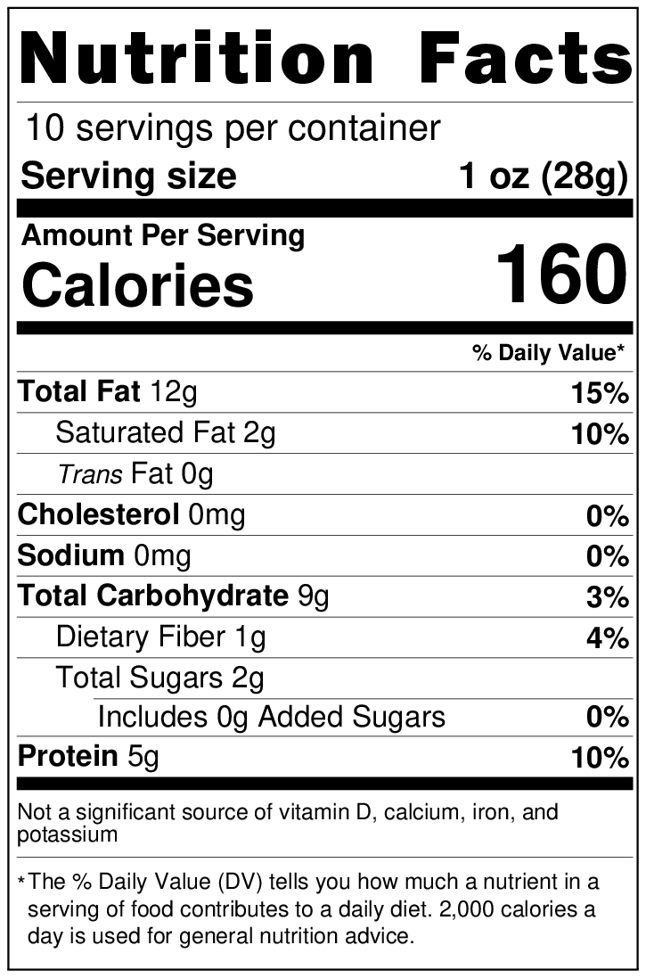 Nutrition facts label for cashews showing serving size calories and fat content in black and white