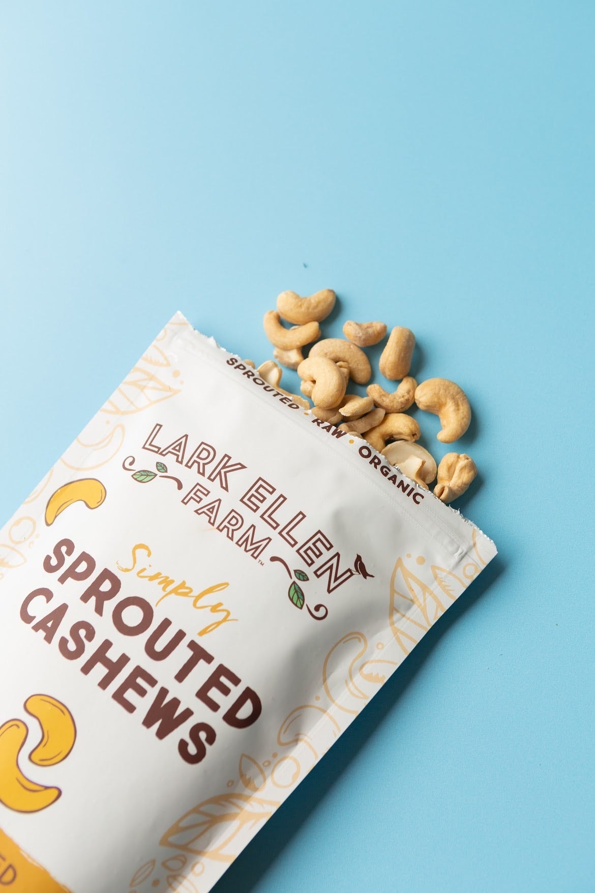 Open white bag of sprouted cashews with cashews spilled on a bright blue background