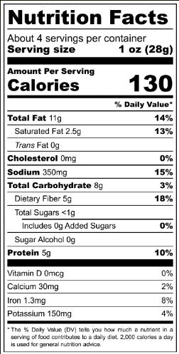 Close up of the nutrition facts panel for Chili & Black Pepper Sprouted Snack Mix
