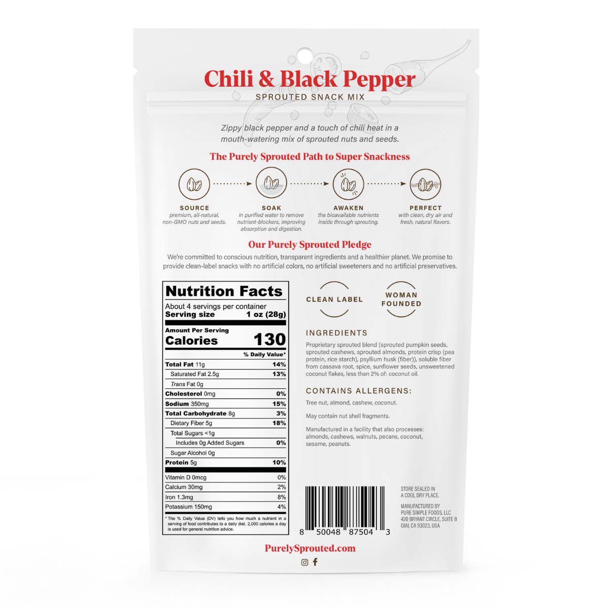 Back view of Chili & Black Pepper Sprouted Snack Mix bag showing nutrition facts panel and ingredients