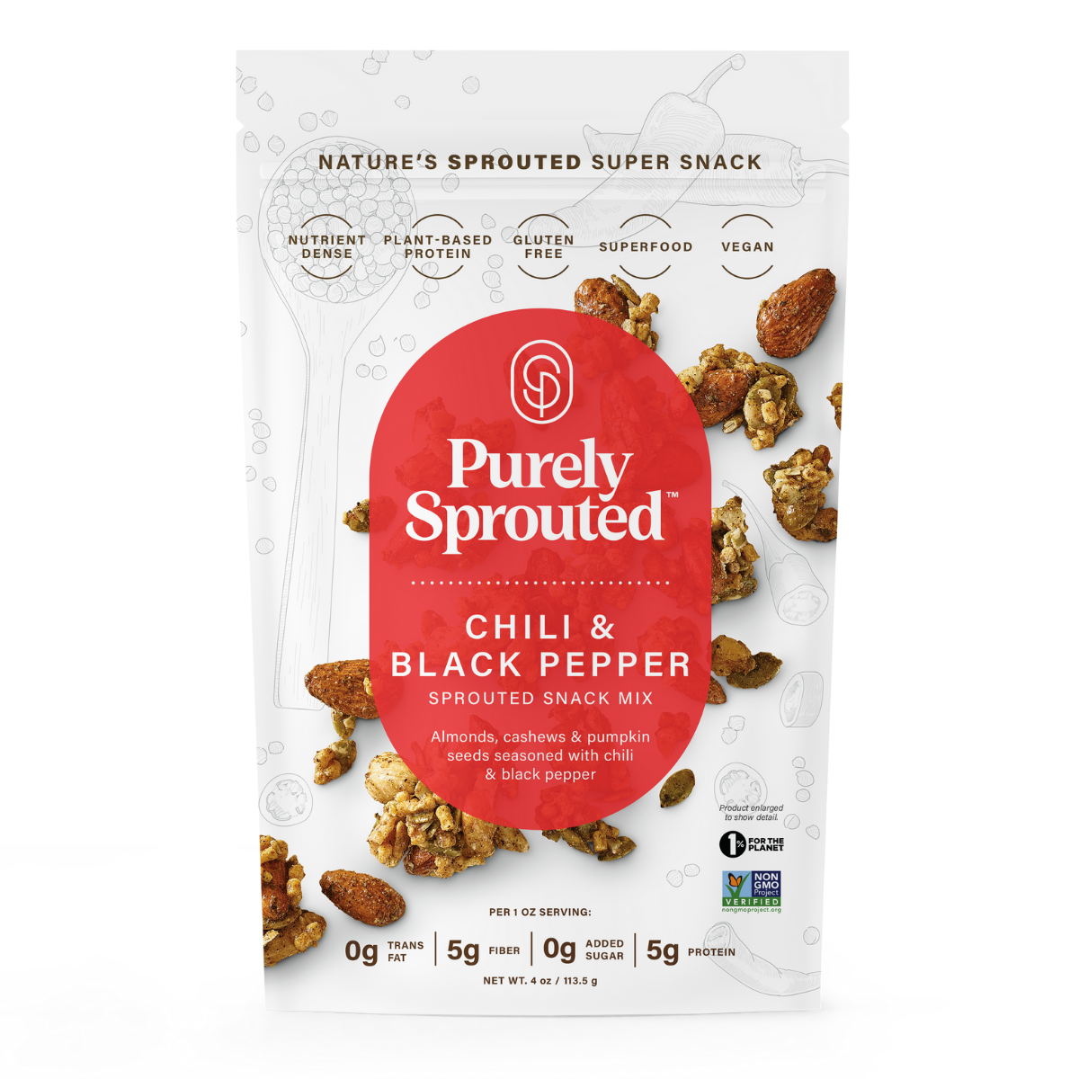 Front of Purely Sprouted Chili & Black Pepper Sprouted Snack Mix bag with a red label and scattered almonds