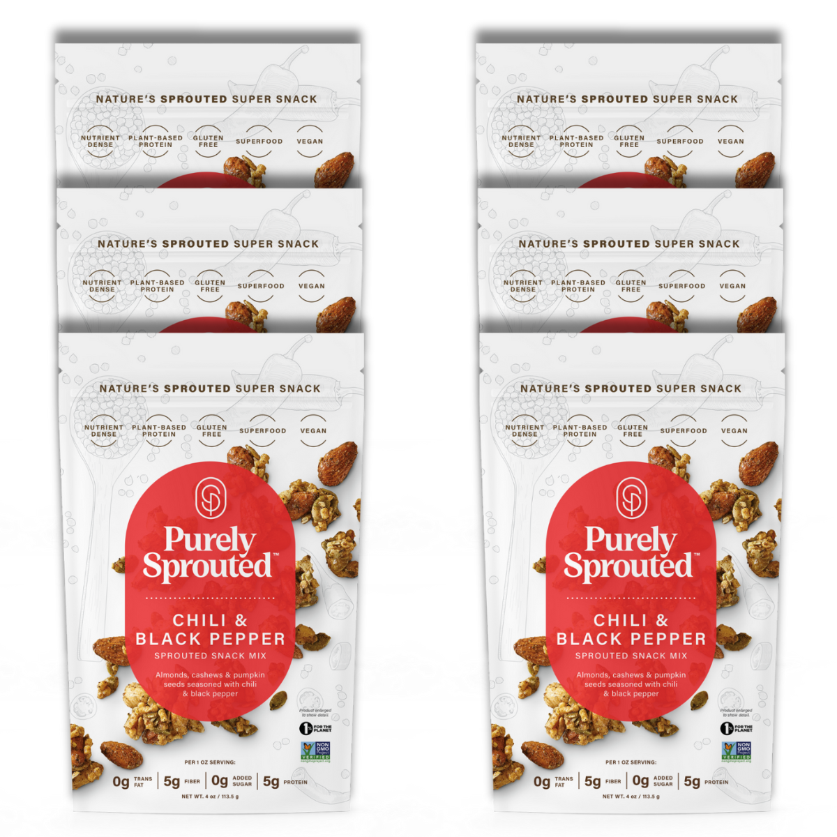 Product collage of Purely Sprouted Chili & Black Pepper snack mix bags arranged in two columns