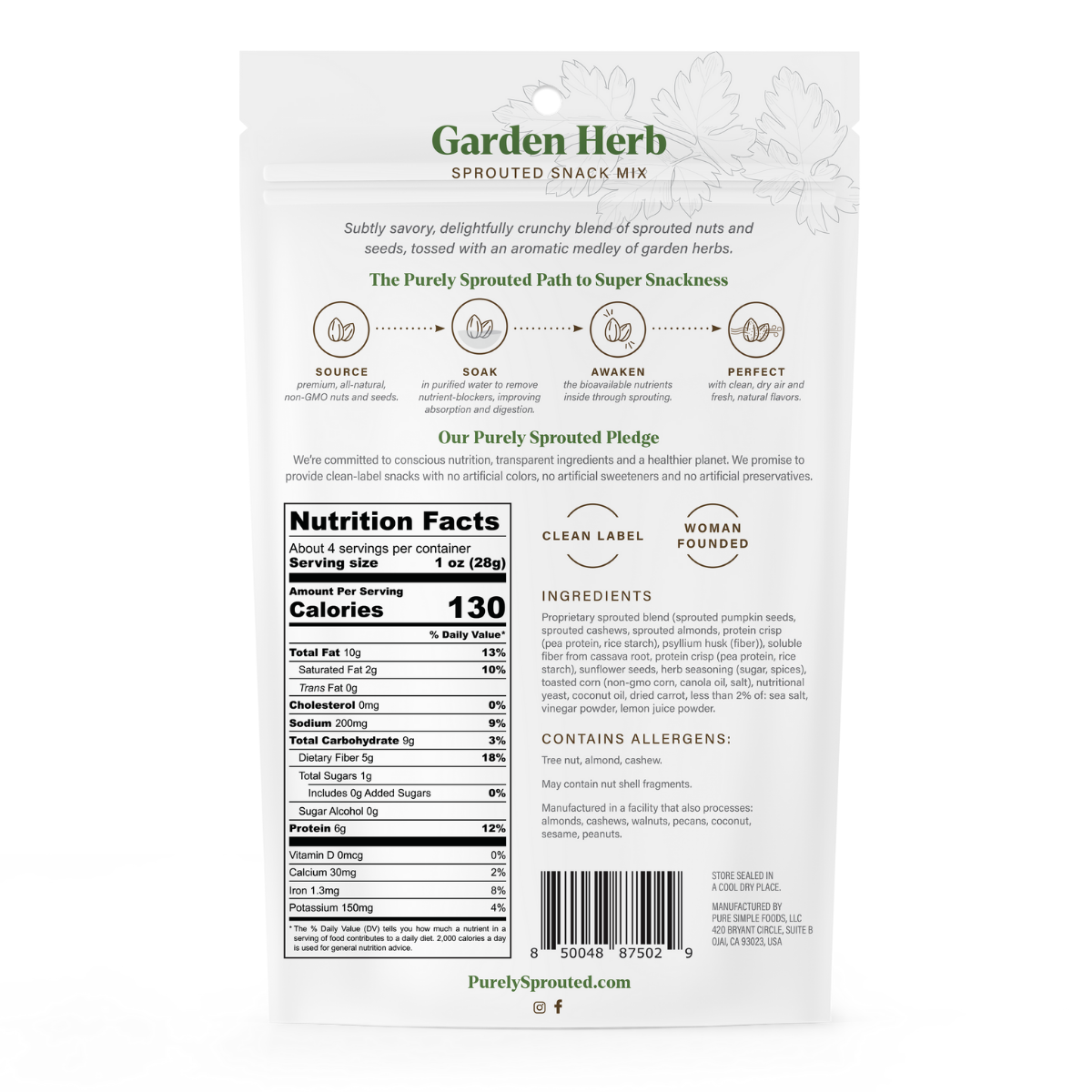 Back view of Garden Herb Sprouted Snack Mix packaging showing the nutrition facts panel and ingredients list.