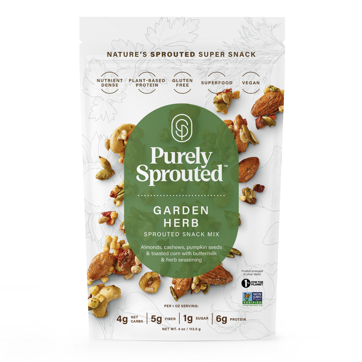 Purely Sprouted Garden Herb sprouted snack mix bag with a green circular label and visible nut clusters