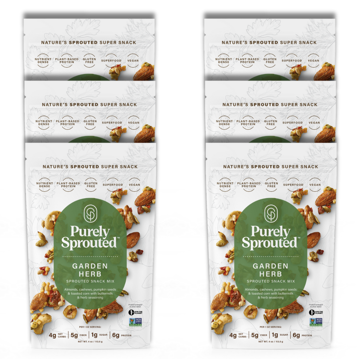 Two Garden Herb Sprouted Snack Mix bags shown side by side with a green circular label and nut imagery.