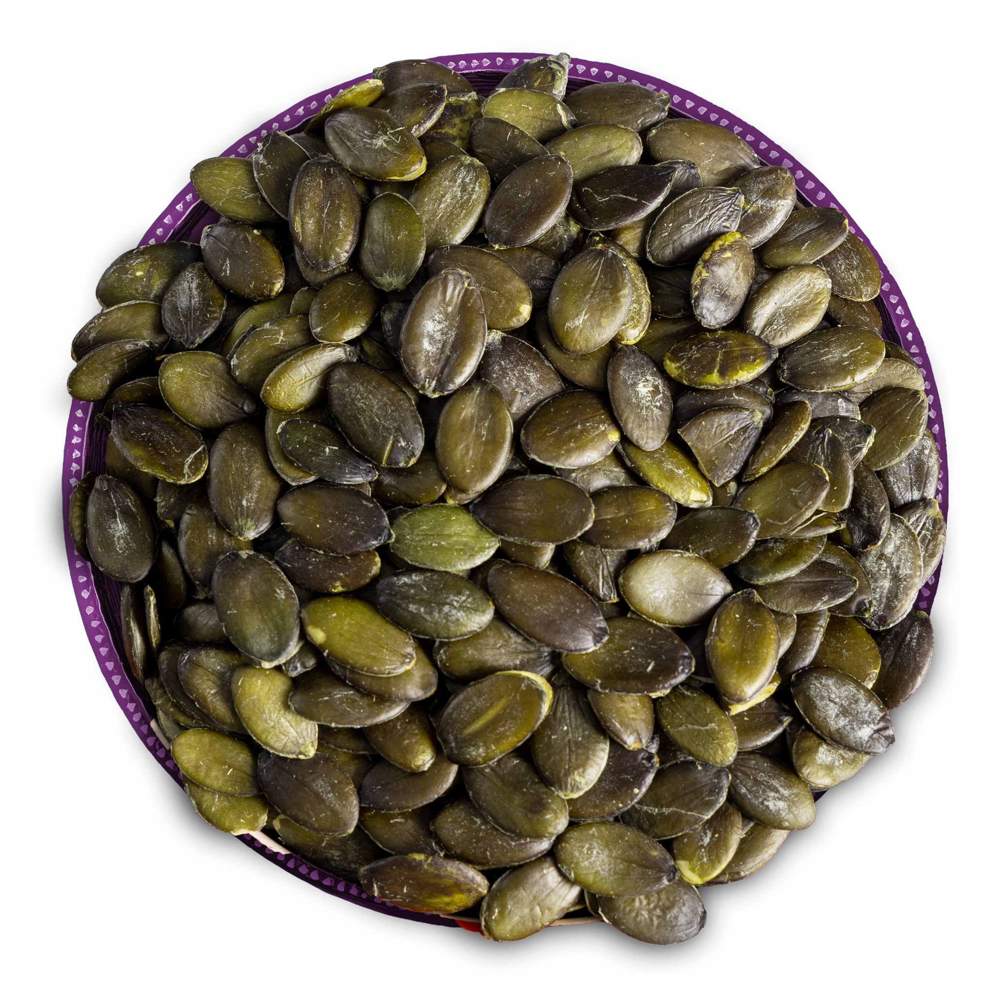 Bowl of heirloom dark green pumpkin seeds in a purple rimmed bow