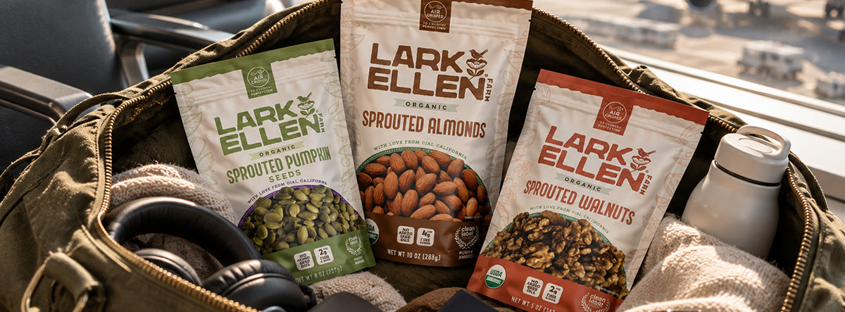 Lark Ellen sprouted snacks packed in a travel bag