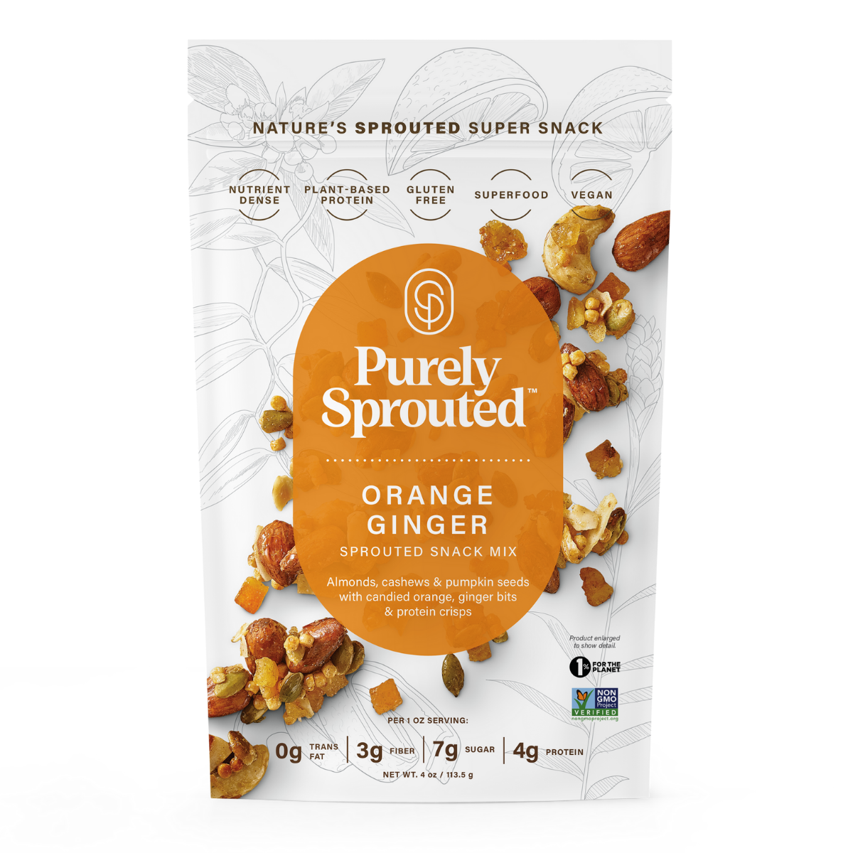 Orange Ginger Sprouted Snack Mix pouch with large orange label and mixed nuts