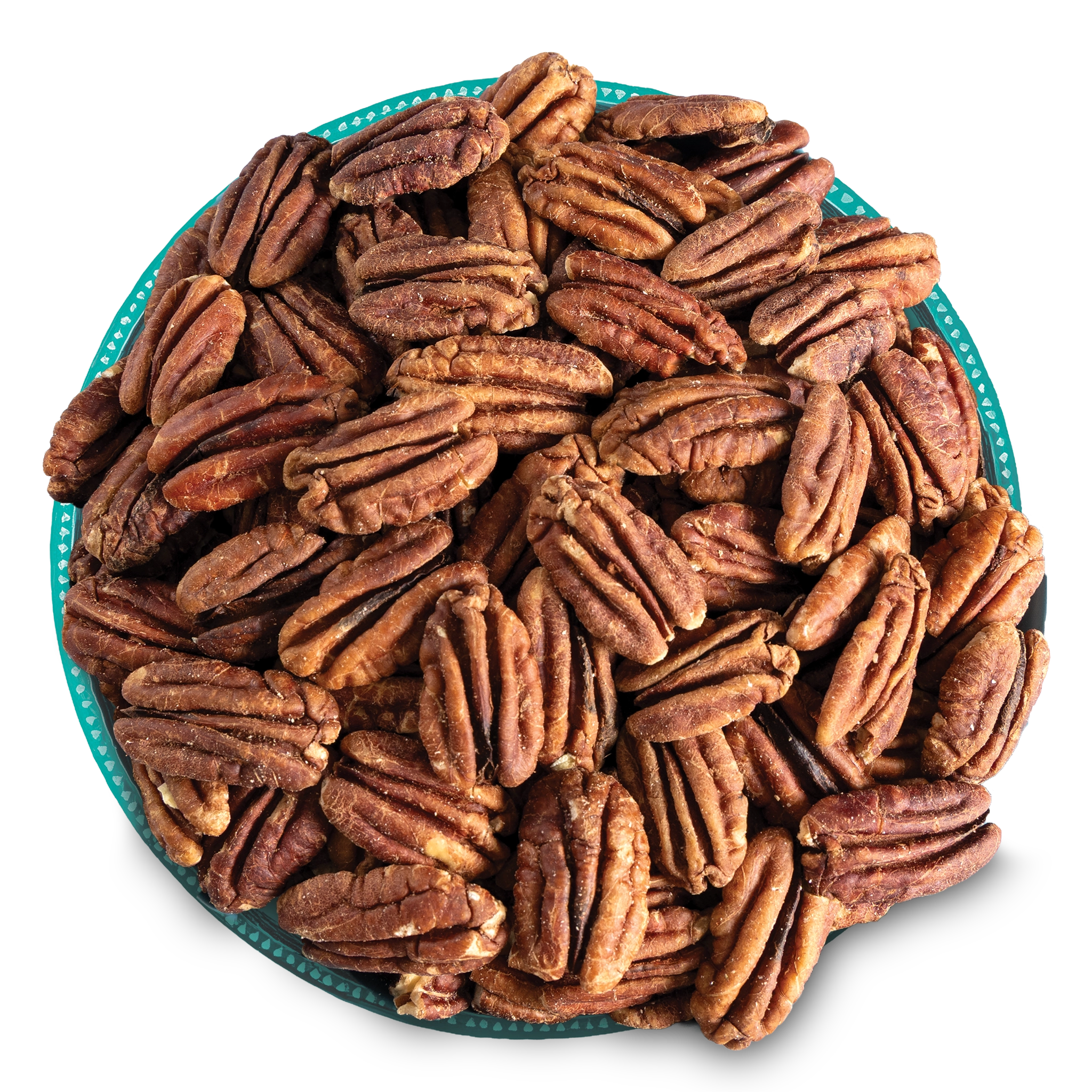 Pecans in a blue bowl on a white background