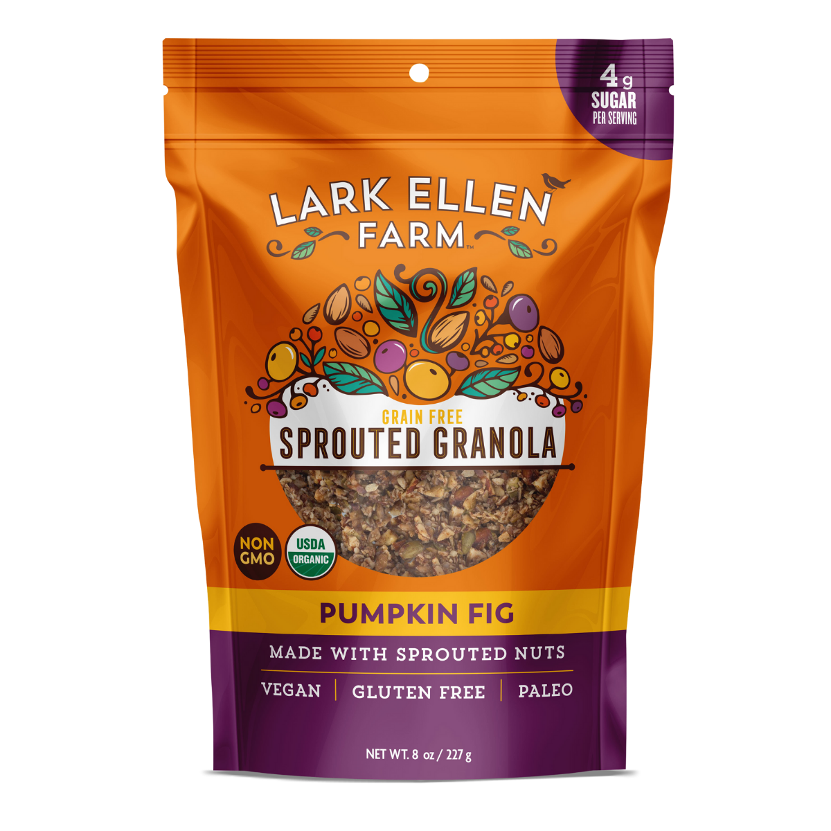 Lark Ellen Farm Sprouted Granola Pumpkin Fig in orange purple bag with colorful leaf artwork