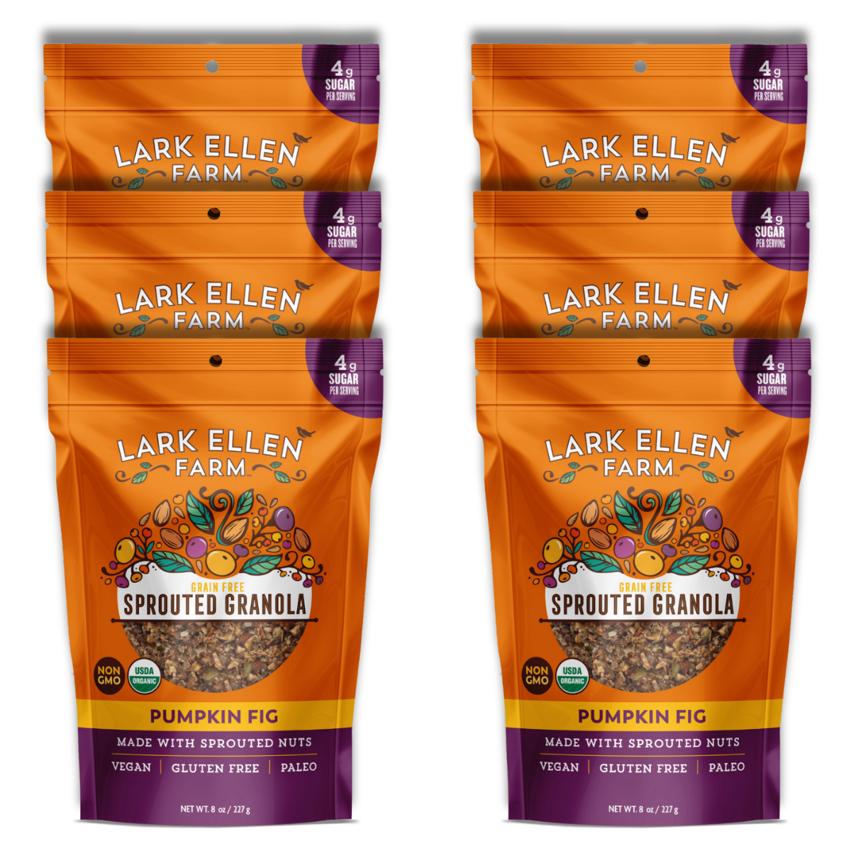 Lark Ellen Farm Pumpkin Fig Sprouted Granola bags in bright orange packaging arranged in two columns.