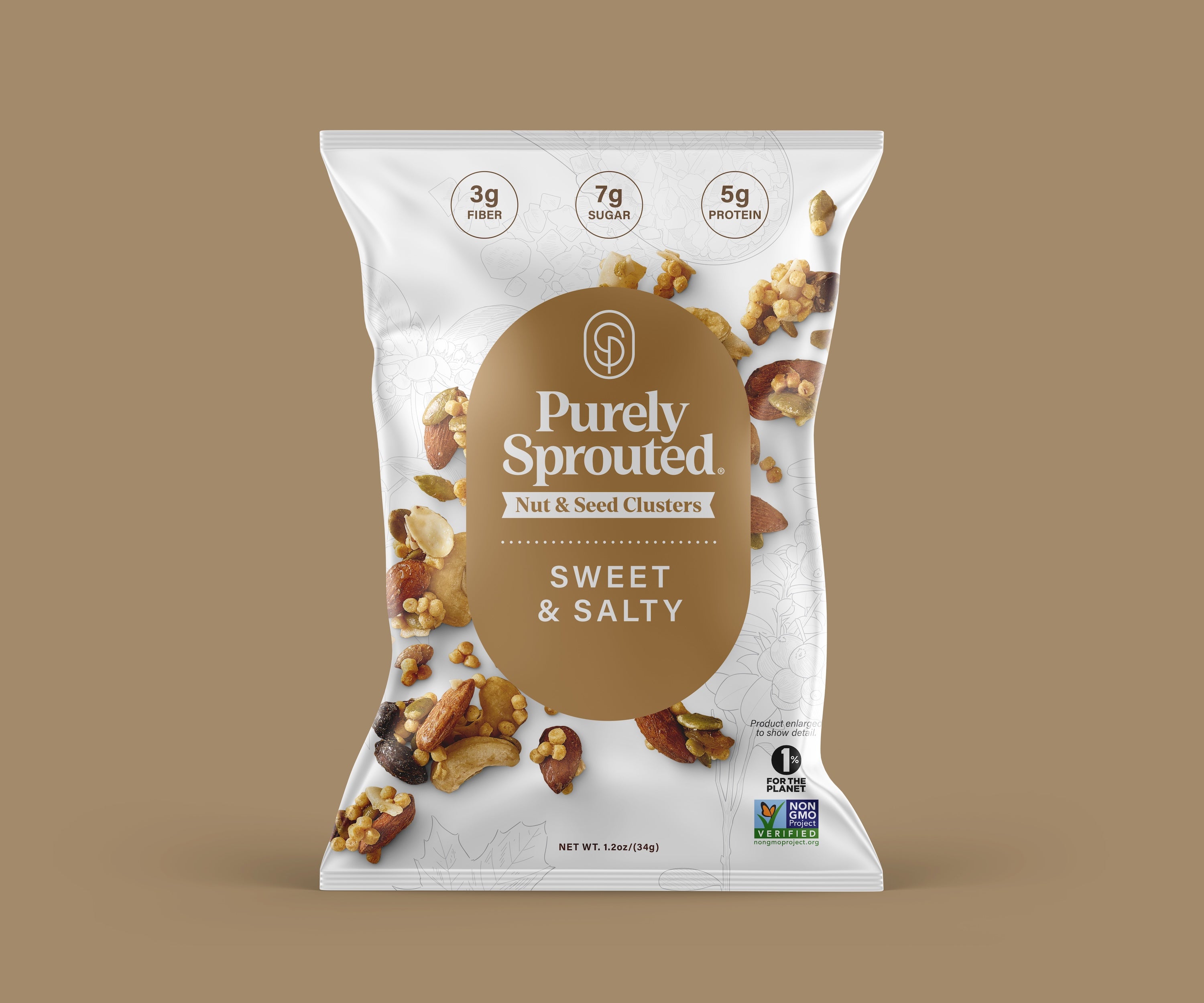 Single bag of Purely Sprouted Sweet and Salty Nut and Seed Clusters on a brown backdrop.