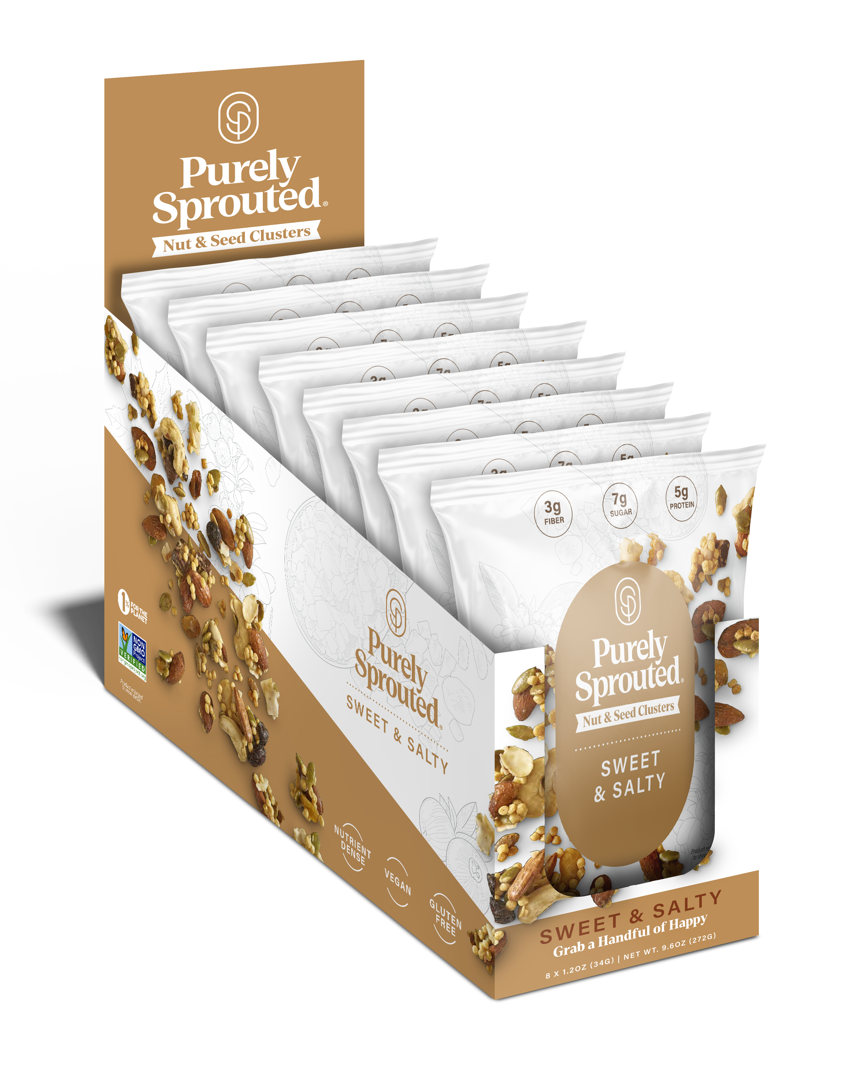 Front view of Purely Sprouted Sweet & Salty Nut & Seed Clusters bag.