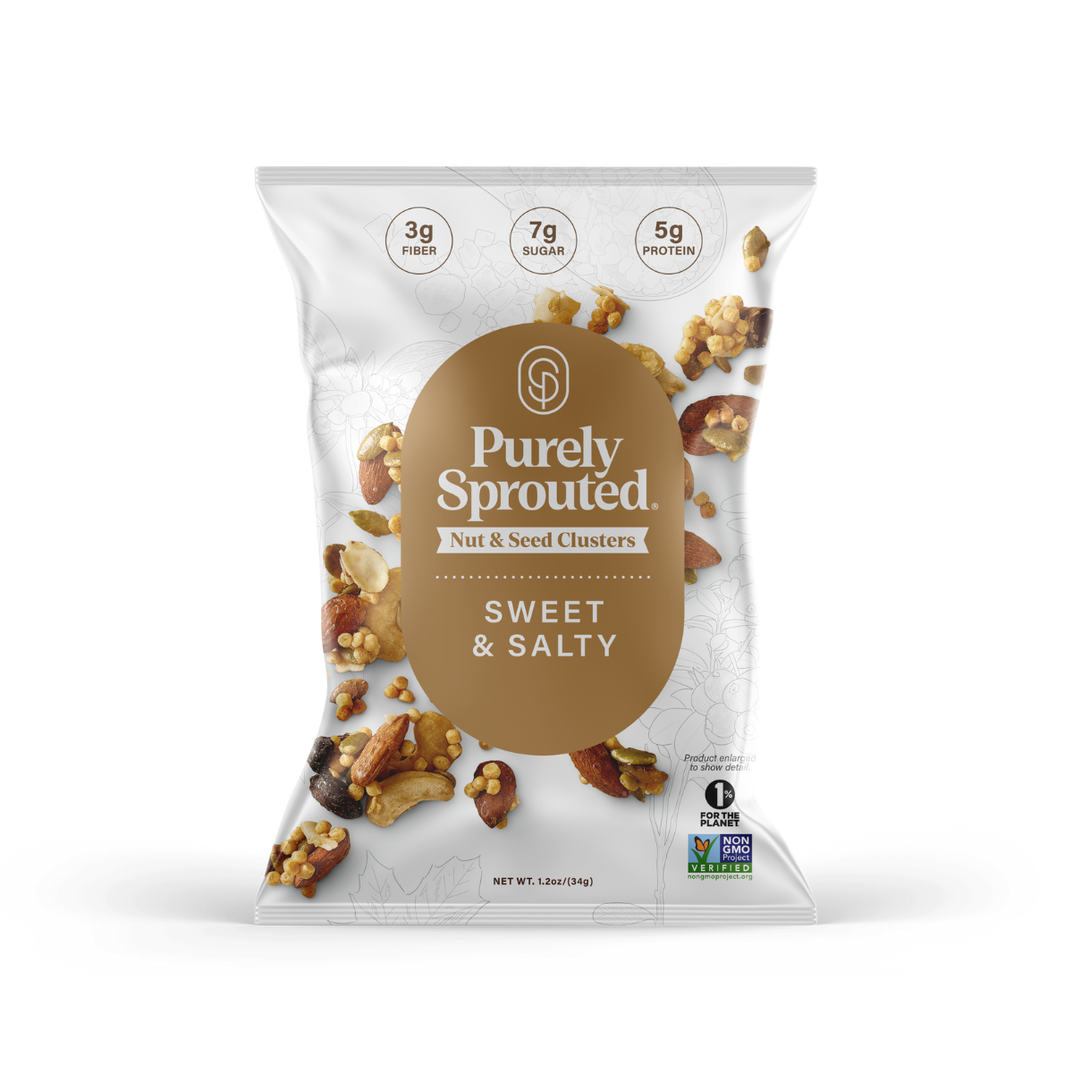 Sweet & Salty Nut & Seed Clusters pouch featuring Purely Sprouted logo on white background
