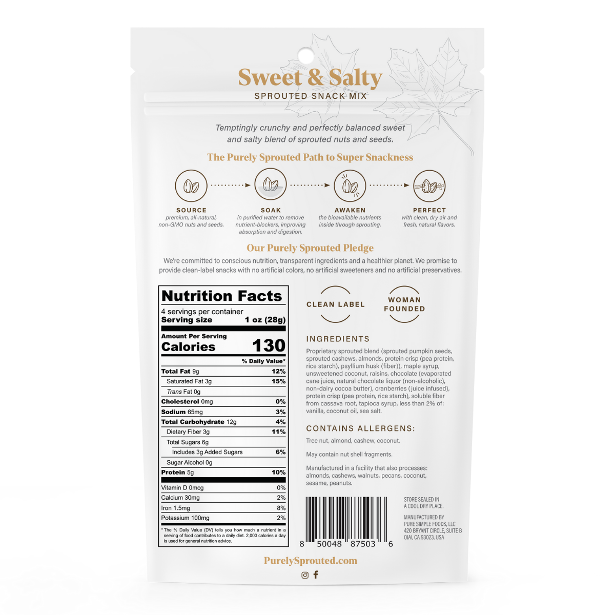 Back of Sweet & Salty Sprouted Snack Mix bag showing Nutrition Facts panel and ingredients.