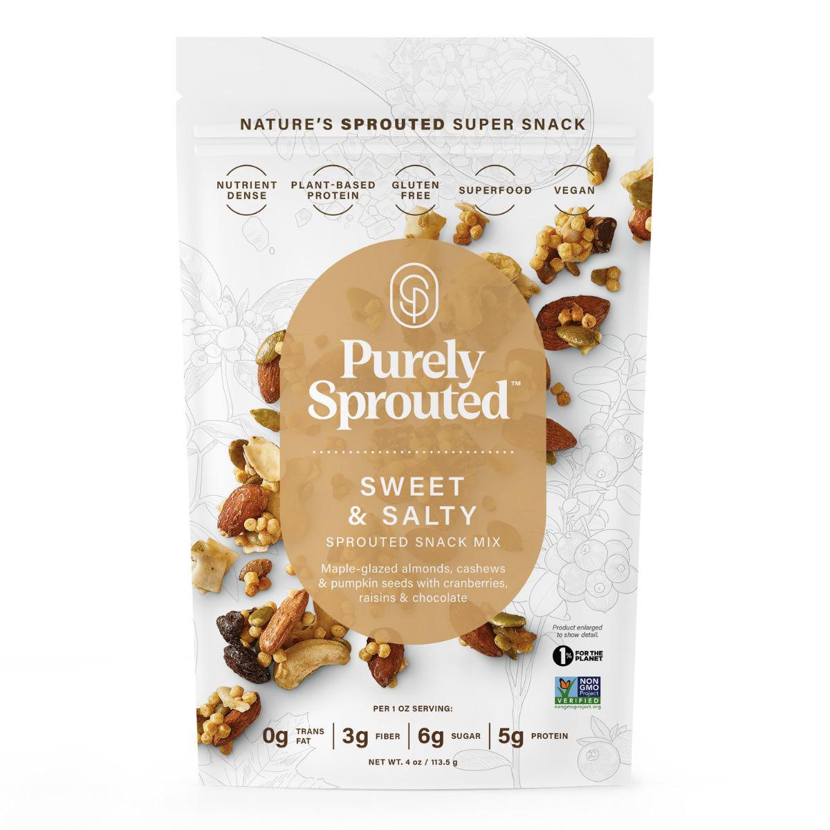 Purely Sprouted Sweet & Salty sprouted snack mix in a white bag with an orange circular label