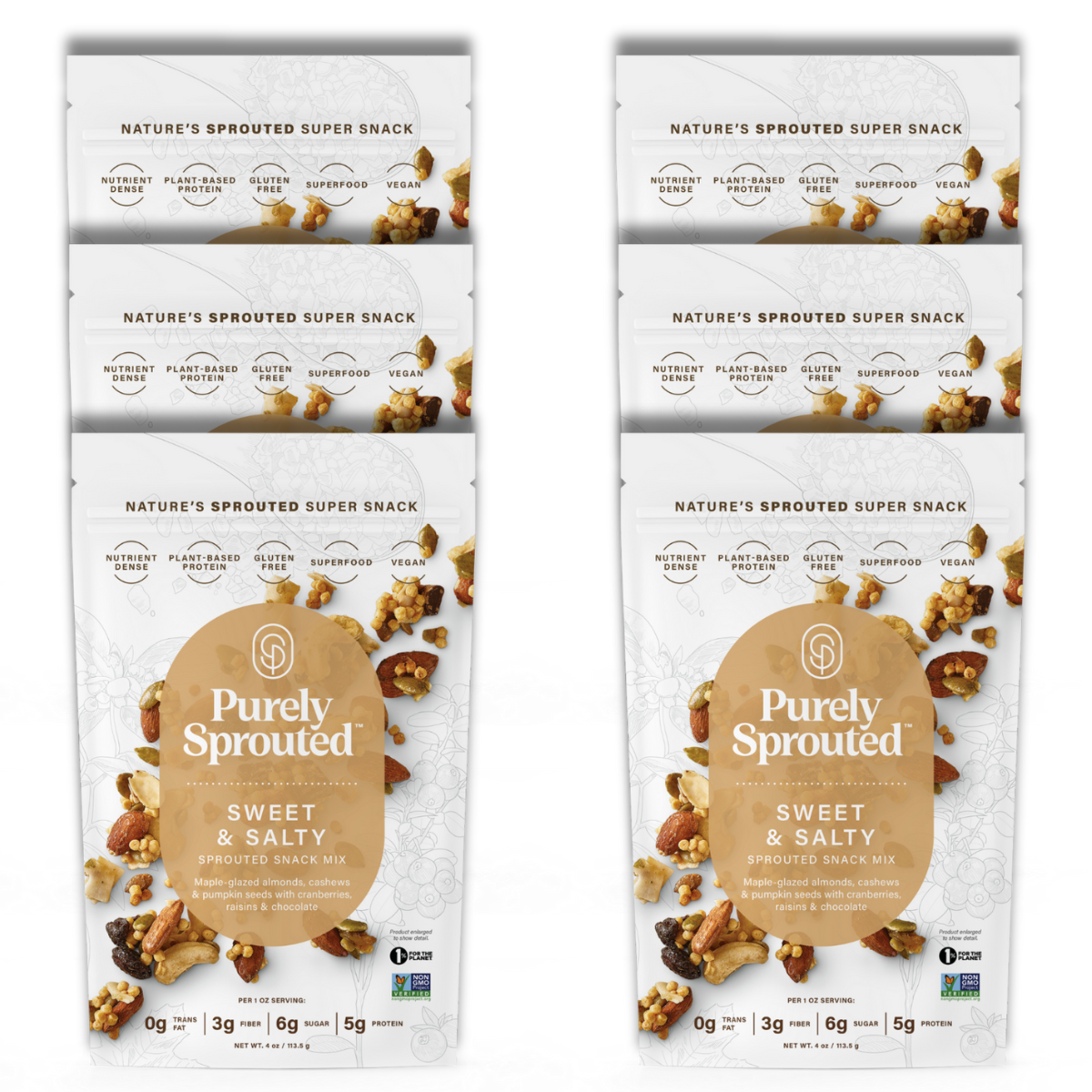 Front view of Purely Sprouted Sweet & Salty Snack Mix packages arranged side by side.