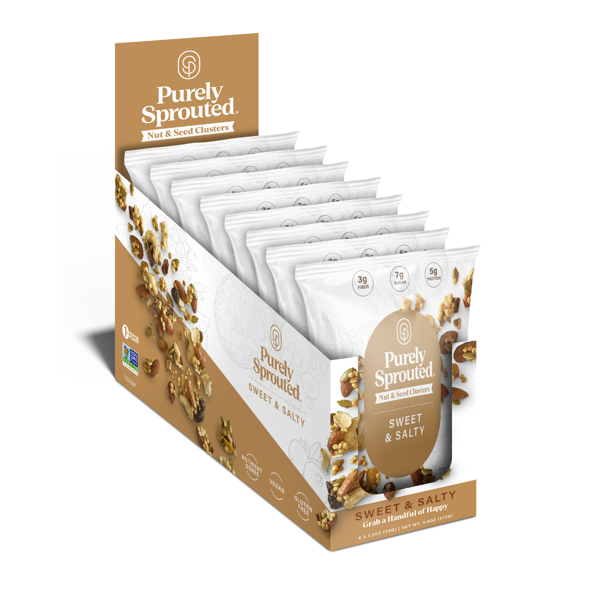 Purely Sprouted Sweet & Salty Nut & Seed Clusters display box with eight snack pouches