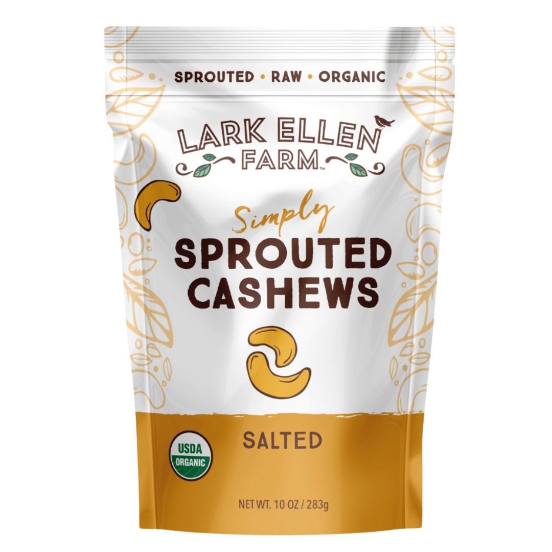 10 oz bag of Lark Ellen Farm salted organic sprouted cashews, raw and healthy snack.