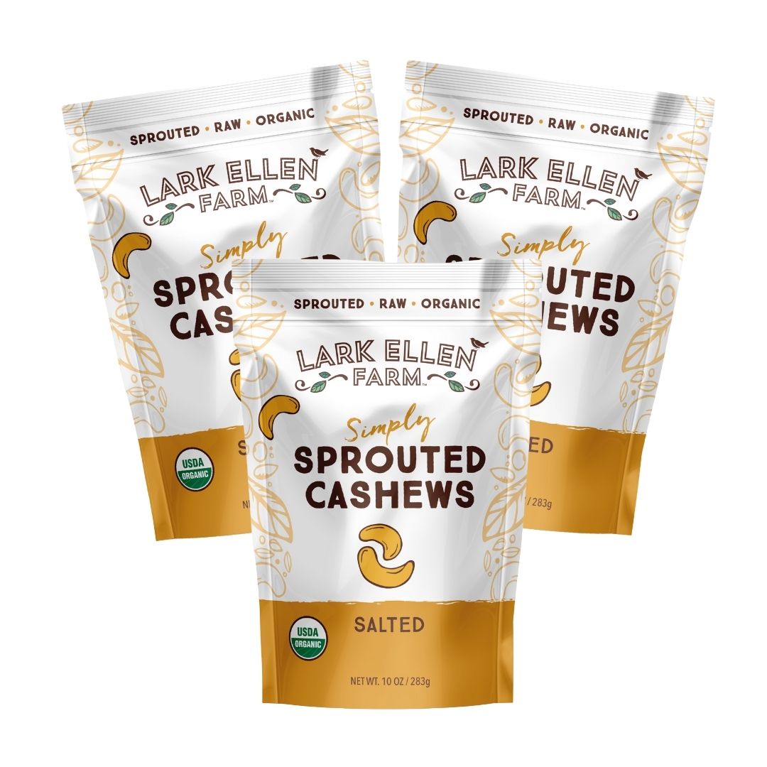 Lark Ellen Farm Simply Salted Sprouted Cashews, organic, raw, 10 oz packaging, healthy snack option.