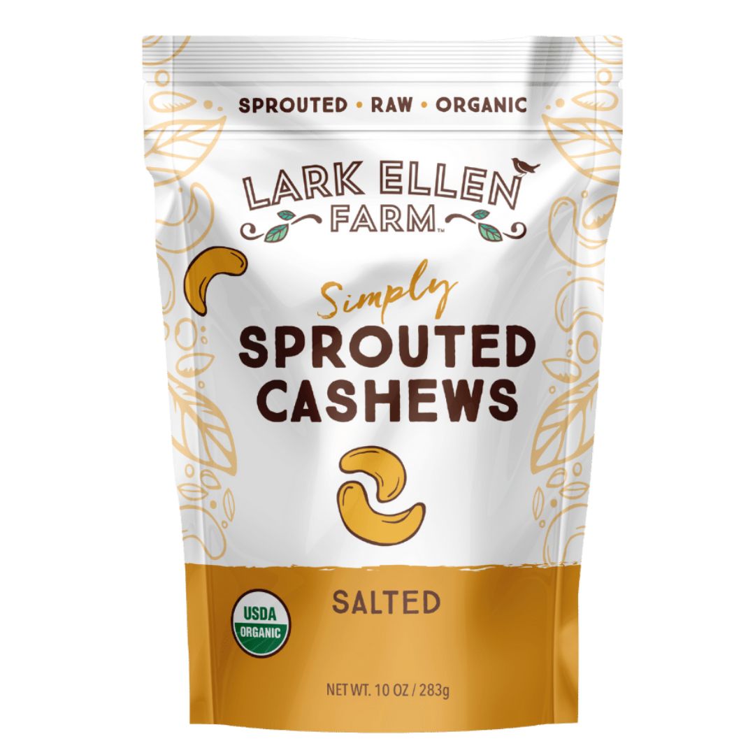 Lark Ellen Farm organic salted sprouted cashews in 10 oz bag, raw and healthy snack option.